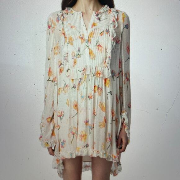 Zadig & Voltaire White Floral Ruffle Rackel Chiffon Long Sleeve Mini Dress Small - Picture 1 of 11